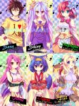  1boy 5girls animal_ears blonde_hair blue_hair breasts brown_hair character_name checkered checkered_background copyright_name crown dress elf expressionless feel_nilvalen flower fox_ears fox_tail gradient_hair hair_flower hair_ornament hairband hatsuse_izuna japanese_clothes jibril_(no_game_no_life) kimono lavender_hair long_hair multicolored_hair multiple_girls no_game_no_life pants pink_hair pointy_ears purple_hair redhead school_uniform serafuku shiro_(no_game_no_life) short_hair short_kimono smile sora_(no_game_no_life) stephanie_dora t-shirt tail thigh-highs trianon very_long_hair wings zettai_ryouiki 