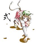  1girl all_fours animal_ears brown_hair cat_ears cat_tail chen chinese_clothes crawling earrings hat jewelry multiple_tails red_eyes shadow shiranui_(yoru) shoes short_hair simple_background solo tail touhou two_tails white_background 