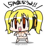  1girl bikini blonde_hair breasts chibi cleavage headphones huge_breasts ichi/mine large_breasts looking_at_viewer navel nitroplus open_mouth orange_eyes plump short_hair smile solo super_pochaco swimsuit twintails 