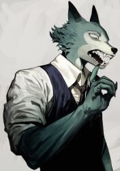  1boy absurdres arm_up beastars black_necktie black_vest collared_shirt commentary fangs finger_in_own_mouth fingernails from_side furry furry_male highres legoshi looking_down male_focus necktie open_mouth p_(pm_611a) profile sharp_fingernails sharp_teeth shirt simple_background sleeves_rolled_up solo teeth upper_body vest white_background white_shirt wing_collar wolf_boy 