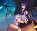  2girls bare_shoulders chair dutch_angle elbow_gloves fujisaki_mako gloves gokukoku_no_brynhildr hole_in_wall kuroha_neko lantern long_hair looking_at_viewer lying lying_on_lap multiple_girls nine_wangwang panties pantyshot pantyshot_(lying) purple_hair sailor_collar shooting_star siblings silver_hair sisters sitting sky sleeveless star_(sky) starry_sky telescope thigh-highs underwear very_long_hair violet_eyes wet wet_clothes yellow_eyes 