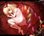  1girl babydoll bare_shoulders barefoot blonde_hair bow flandre_scarlet flower hair_bow hoshibuchi letterboxed lying off_shoulder on_side open_mouth red_eyes red_rose rose side_ponytail solo strap_slip touhou vines wings 