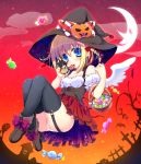  1girl basket blonde_hair blue_eyes blush candy crescent_moon halloween hat inose_riku lollipop looking_at_viewer moon mouth_hold original panties solo underwear wings witch_hat 