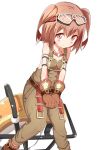  1girl armlet bare_shoulders beize_(garbage) brown_eyes brown_hair gloves goggles goggles_on_head highres looking_at_viewer ole_tower overalls rammer_(ole_tower) short_hair short_twintails simple_background smile solo twintails 