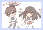  akagi_(kantai_collection) brown_eyes brown_hair chewing chibi commentary eating expressive_hair flying food food_on_face jakoo21 japanese_clothes kaga_(kantai_collection) kantai_collection long_hair muneate onigiri open_mouth pleated_skirt rice_on_face short_hair side_ponytail skirt thigh-highs translated 