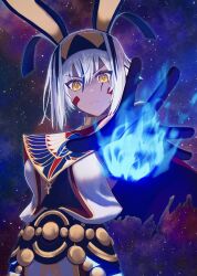  1girl ancient_egyptian_clothes ankh black_hair blue_fire bomberca309 closed_mouth commentary_request dark-skinned_female dark_skin facial_mark fate/grand_order fate_(series) fire highres looking_at_viewer multicolored_hair nitocris_(fate) nitocris_alter_(fate) solo star_(sky) streaked_hair two-tone_hair white_hair yellow_eyes 