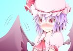  1girl ascot bat_wings blush brooch dress embarrassed fang_out jewelry lavender_hair looking_away mob_cap pink_dress puffy_short_sleeves puffy_sleeves red_eyes remilia_scarlet short_hair short_sleeves solo_focus tad_s tears_in_eyes touhou wings 