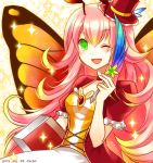  1girl antennae artist_name butterfly_wings chisa dated green_eyes hat long_hair mini_top_hat one_eye_closed open_mouth pink_hair puzzle_&amp;_dragons smile solo top_hat wings 