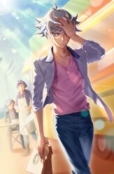  3boys ahoge apron bag black_hair black_hoodie black_pants black_shoes blazer blue_eyes blue_necktie blue_pants blue_sky boots brown_boots clear_sky colored_bangs cup dappled_sunlight denim disappointed dress_shirt drink drinking_straw faceless faceless_male facing_another facing_away facing_to_the_side food_stand food_truck fujiki_yusaku hand_in_own_hair hand_on_own_face hand_on_own_forehead hand_on_table hand_over_eye hand_tattoo hands_on_own_hips highres holding holding_bag holding_cup holding_drink hood hoodie jacket jeans kogami_ryoken kusanagi_shouichi looking_ahead looking_at_another looking_to_the_side male_focus motor_vehicle multicolored_hair multiple_boys necktie on_chair open_clothes open_jacket outdoors pants paper_bag parted_bangs pink_shirt purple_hair school_uniform shirt shoes sky sleeves_rolled_up spiky_hair streaked_hair sunlight table takeout_container tattoo truck untucked_shirt uyu_nazu walking_away white_apron white_hair white_jacket white_shirt wooden_table yu-gi-oh! yu-gi-oh!_vrains 