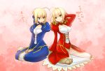  2girls ahoge blonde_hair blue_dress breast_envy breasts contrast dress epaulettes fate/extra fate/stay_night fate_(series) green_eyes kettle21 multiple_girls red_dress saber saber_extra 