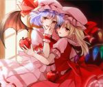  2girls apple bat_wings blonde_hair dress fang flandre_scarlet food frilled_shirt_collar frills fruit hand_on_own_face hat hat_ribbon highres indoors mob_cap multiple_girls open_mouth pink_dress pointy_ears puffy_short_sleeves puffy_sleeves purple_hair q-chiang red_bow red_eyes red_ribbon remilia_scarlet ribbon short_hair short_sleeves touhou window wings wrist_cuffs 