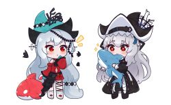  +_+ 2girls :o aqua_gloves aqua_hat arknights ascot black_ascot black_dress black_hat chibi chibi_only clothing_cutout commission commissioner_upload dress gloves grey_hair hat holding holding_stuffed_toy kurotofu long_hair long_sleeves looking_at_another looking_at_object multiple_girls non-web_source official_alternate_costume pointy_hat red_dress red_eyes skadi_(arknights) skadi_the_corrupting_heart_(arknights) smile specter_(arknights) specter_the_unchained_(arknights) stuffed_animal stuffed_shark stuffed_toy stuffed_whale transparent_background two-sided_fabric two-sided_headwear very_long_hair 