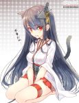  1girl animal_ears black_hair breasts cat_ears cat_tail chain collar dated detached_sleeves fusou_(kantai_collection) hair_ornament japanese_clothes kantai_collection long_hair miko payot pleated_skirt red_eyes red_skirt sitting skirt tail thigh_strap twitter_username wariza yadapot 