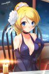  1girl artist_name ayase_eli black_dress black_gloves blonde_hair blue_eyes blush breasts chair choker city dress elbow_gloves gloves highres looking_at_viewer love_live!_school_idol_project night night_sky short_hair sitting sky smile solo table yam2344 