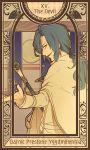  1boy blue_hair cape darnic_prestone_yggdmillennia fate/apocrypha fate_(series) heru_(goldprin) long_hair ponytail solo staff tarot 