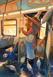  1girl artist_name bag bird bird_feeding bird_nest black_boots blue_skirt boots broom brown_hair bus bus_interior clouds coat commentary cracker door egg egg_print facing_to_the_side food food_packaging full_body geneva_bowers handbag hat hat_ornament highres holding holding_broom holding_pole long_hair looking_to_the_side motor_vehicle orange_sky original pen_in_mouth pigeon pizza pole profile red_coat red_hat red_lips skirt sky solo standing wavy_hair web_address window witch_hat 