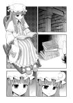  1girl book comic hat highres holding holding_book long_hair mob_cap monochrome morioka_itari patchouli_knowledge reading revision silent_comic sitting touhou 