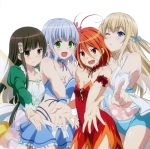  4girls :d absurdres amagi_brilliant_park antenna_hair blonde_hair blue_eyes blue_hair breasts brown_eyes brown_hair choker cleavage dress earrings green_eyes hair_between_eyes hair_ornament highres jewelry koborii_(amaburi) long_hair looking_at_viewer midriff multiple_girls muse_(amaburi) navel official_art one_eye_closed open_mouth outstretched_hand pointing pointing_at_viewer puffy_sleeves red_eyes redhead salama_(amaburi) scan short_shorts shorts simple_background skirt smile strapless_dress sylphy_(amaburi) white_background wings wrist_cuffs 