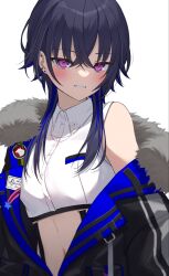  1girl black_hair black_jacket crop_top crossed_bangs ear_piercing earrings fur-trimmed_jacket fur_trim grin highres ichinose_uruha ichinose_uruha_(4th_costume) jacket jewelry looking_at_viewer lupinus_virtual_games midriff multicolored_hair navel piercing shirt shumpi single_bare_shoulder single_off_shoulder sleeveless sleeveless_shirt smile solo streaked_hair stud_earrings upper_body violet_eyes virtual_youtuber vspo! white_background white_shirt wolf_cut 