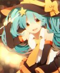  1girl alternate_color aqua_hair elbow_gloves fingerless_gloves gloves halloween hat hatsune_miku long_hair necktie open_mouth orange_eyes skirt solo star twintails uiyuzu_(uichoco) vocaloid wand witch_hat 