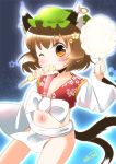  1girl alternate_costume animal_ears brown_eyes brown_hair cat_ears cat_tail chen chocolate_banana fundoshi hat japanese_clothes mouth_hold navel one_eye_closed solo tail takamoto_akisa touhou 