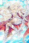  armor armored_dress blonde_hair blue_eyes bow_(weapon) cloak frills gauntlets gearous gloves greaves long_hair open_mouth original pauldrons solo thigh-highs weapon 