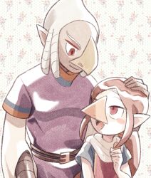  1boy 1girl beak brown_hair closed_mouth floral_background hand_on_another&#039;s_head medli minashirazu open_mouth pointy_ears quill_(zelda) red_eyes rito short_sleeves sidelocks simple_background the_legend_of_zelda the_legend_of_zelda:_the_wind_waker white_hair 