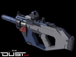  3d autodesk_3ds_max_(medium) black_background caldari_state_(eve_online) commentary copyright_logo copyright_name dust_514 eve_online flewda_(josh_powers) glint glowing gun highres logo no_humans official_art photoshop_(medium) realistic science_fiction simple_background submachine_gun suppressor weapon weapon_focus 