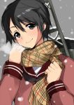  1girl black_eyes black_hair blush breath bust kantai_collection looking_at_viewer machinery mataro_(matarou) mogami_(kantai_collection) plaid plaid_scarf scarf school_uniform serafuku short_hair smile snow solo 