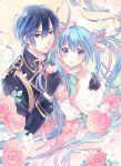 1boy 1girl arm_around_shoulder blue_eyes blue_hair brooch commentary_request flower gloves hair_ribbon hatsune_miku holding holding_flower inko_(mini) jewelry kaito long_hair looking_at_viewer military military_uniform necktie official_art pink_rose ribbon rose short_hair twintails uniform very_long_hair vocaloid voice_(vocaloid) 