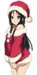  1girl akiyama_mio black_hair blush embarrassed hat k-on! long_hair off_shoulder santa_costume santa_hat shirt_tug solo watanore 