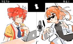  2girls a.i._voice absurdres adachi_rei bad_apple!! black_shirt blue_necktie blush bow closed_eyes collared_shirt computer cosplay drill_hair hair_between_eyes hair_bow hair_ribbon headlamp highres hikakin_(person) imadake_dabuchi_tabemi imadake_dabuchi_tabemi_(cosplay) jacket kasane_teto kasane_teto_(sv) laptop long_sleeves mcdonald's microphone mp777b multiple_girls music necktie open_mouth orange_eyes parody pinstripe_pattern pinstripe_shirt radio_antenna ribbon shirt short_sleeves side_ponytail simple_background singing smile studio sunglasses synthesizer_v table twin_drills utau white_bow white_jacket white_ribbon wing_collar yellow_jacket 