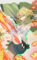  1girl absurdres armpits blonde_hair blue_eyes bluesky_logo breasts cape cleavage_cutout clothing_cutout dungeon_ni_deai_wo_motomeru_no_wa_machigatteiru_darou_ka elbow_gloves elf fire gloves green_cape green_outline green_shorts hair_ornament highres holding holding_weapon instagram_logo knowname leg_up long_hair looking_at_viewer outline pixiv_logo pointy_ears ponytail ryu_lion sheath sheathed shirt shorts sleeveless sleeveless_shirt small_breasts solo sword thigh-highs twitter_logo twitter_username wakizashi weapon white_gloves white_shirt white_thighhighs 