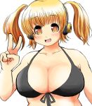  1girl bikini blonde_hair breasts cleavage headphones huge_breasts large_breasts looking_at_viewer nitroplus open_mouth orange_eyes plump short_hair smile solo super_pochaco swimsuit twintails v 