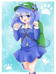  1girl animal_ears arms_up backpack bag blue_eyes blue_hair blush cat_ears cat_tail dress dress_shirt fang frilled_shirt_collar frills hair_bobbles hair_ornament hat houkiboshi kawashiro_nitori kemonomimi_mode key long_sleeves looking_at_viewer one_leg_up open_mouth paw_pose paw_print pigeon-toed shirt skirt skirt_set smile solo star tail touhou twintails white_shirt 