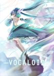  1girl 2014 aqua_eyes aqua_hair artist_name copyright_name dated detached_sleeves dress floating_hair hatsune_miku highres long_hair looking_back outstretched_arm solo tattoo twintails very_long_hair vilor vocaloid 