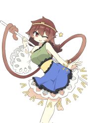  1girl ;d bare_legs bare_shoulders barefoot blue_skirt blush_stickers bracelet breasts brown_eyes brown_hair commentary_request double-parted_bangs frills gold_armlet gold_bracelet hair_between_eyes highres holding holding_staff holding_with_tail jewelry large_breasts long_hair looking_at_viewer low-tied_long_hair monkey_tail one_eye_closed open_mouth prehensile_tail ro_74 skirt smile solo son_biten staff standing standing_on_one_leg star_(symbol) tail touhou very_long_tail 