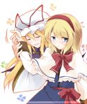  2girls alice_margatroid blonde_hair blue_dress blue_eyes blush bow capelet closed_eyes commentary_request dress expressionless faech flying_sweatdrops happy hat hat_ribbon headband highres long_hair long_sleeves looking_away mob_cap multiple_girls open_mouth parted_lips ribbon short_hair simple_background smile tabard tagme touhou white_background wide_sleeves yakumo_yukari 