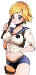  1girl alternate_costume backpack bag blonde_hair blue_eyes blush breasts hairband hand_on_hip holster large_breasts lips midriff navel osuro_namishi puckered_lips randoseru resident_evil resident_evil_6 sailor_collar school_uniform sherry_birkin short_hair short_shorts shorts skin_tight solo thigh_holster 