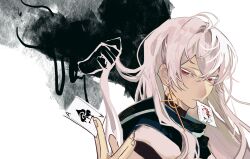  1boy absurdres ace_(playing_card) card card_in_mouth chinese_commentary colored_eyelashes commentary_request crossed_bangs disembodied_hand earrings eyelashes gao_tongren_wanjiebufu glint hair_between_eyes highres jewelry joker_(playing_card) long_hair male_focus mouth_hold playing_card portrait red_eyes thriller_trainee white_hair zong_jiu 