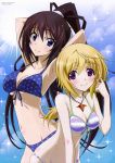  2girls absurdres amulet armpits arms_up bare_shoulders bikini blonde_hair blue_bikini blue_eyes breasts charlotte_dunois cleavage hair_twirling highres infinite_stratos jewelry leaning_forward long_hair multiple_girls navel necklace polka_dot polka_dot_bikini polka_dot_swimsuit shinonono_houki smile sparkle strap_gap swimsuit very_long_hair violet_eyes 