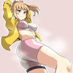  1girl bike_shorts blue_eyes blush breasts brown_hair gundam gundam_build_fighters gundam_build_fighters_try hoshino_fumina jacket large_breasts looking_at_viewer open_clothes open_jacket ponytail short_hair smile solo sports_bra sweat yaruku 