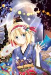  1girl alice_margatroid blonde_hair blue_eyes faech fan folding_fan japanese_clothes kimono lights long_sleeves looking_to_the_side parted_lips silhouette smile snake solo space spirit tagme teeth touhou tree wide_sleeves 