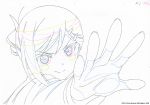  1girl hair_ornament hairpin inou-battle_wa_nichijou-kei_no_naka_de key_frame kudou_mirei official_art open_hand partially_colored production_art production_note reaching_out smile solo trigger_(company) white_background 