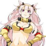  1girl :3 bare_shoulders breasts cleavage drag_shovel_(ole_tower) gauntlets hands_on_hips headgear long_hair looking_at_viewer manabebebe mini_excavator_(ole_tower) navel ole_tower pink_eyes pink_hair simple_background smile solo very_long_hair white_background 