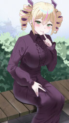  1girl absurdres bench blonde_hair breasts digimon digimon_card_game digimon_liberator dress drill_hair finger_to_mouth green_eyes highres large_breasts mianbaoren multicolored_hair outdoors purple_dress purple_hair sitting solo streaked_hair twin_drills two-tone_hair violet_inboots 