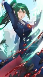  1girl absurdres blood blue_sky bow breasts building clouds crusch_karsten gloves green_hair hair_between_eyes hair_bow high_ponytail highres holding holding_sword holding_weapon knowname long_hair long_sleeves open_mouth orange_eyes ponytail re:zero_kara_hajimeru_isekai_seikatsu ribbon sky solo swinging_weapon sword weapon 