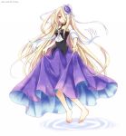  1girl artist_name barefoot blonde_hair chisa dated hair_over_one_eye long_hair pandora_(p&amp;d) puzzle_&amp;_dragons red_eyes skirt_hold smile solo very_long_hair 