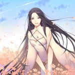  1girl black_eyes black_hair breasts cleavage clouds dress earrings flower gearous happy jewelry long_hair necklace open_mouth petals sky solo 
