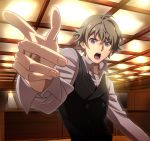  1boy blonde_hair buttons foreshortening hazama_masayoshi long_sleeves looking_at_viewer male_focus messy_hair nyoro_(nyoronyoro000) open_mouth perspective pointing pointing_at_viewer samurai_flamenco short_hair solo vest 